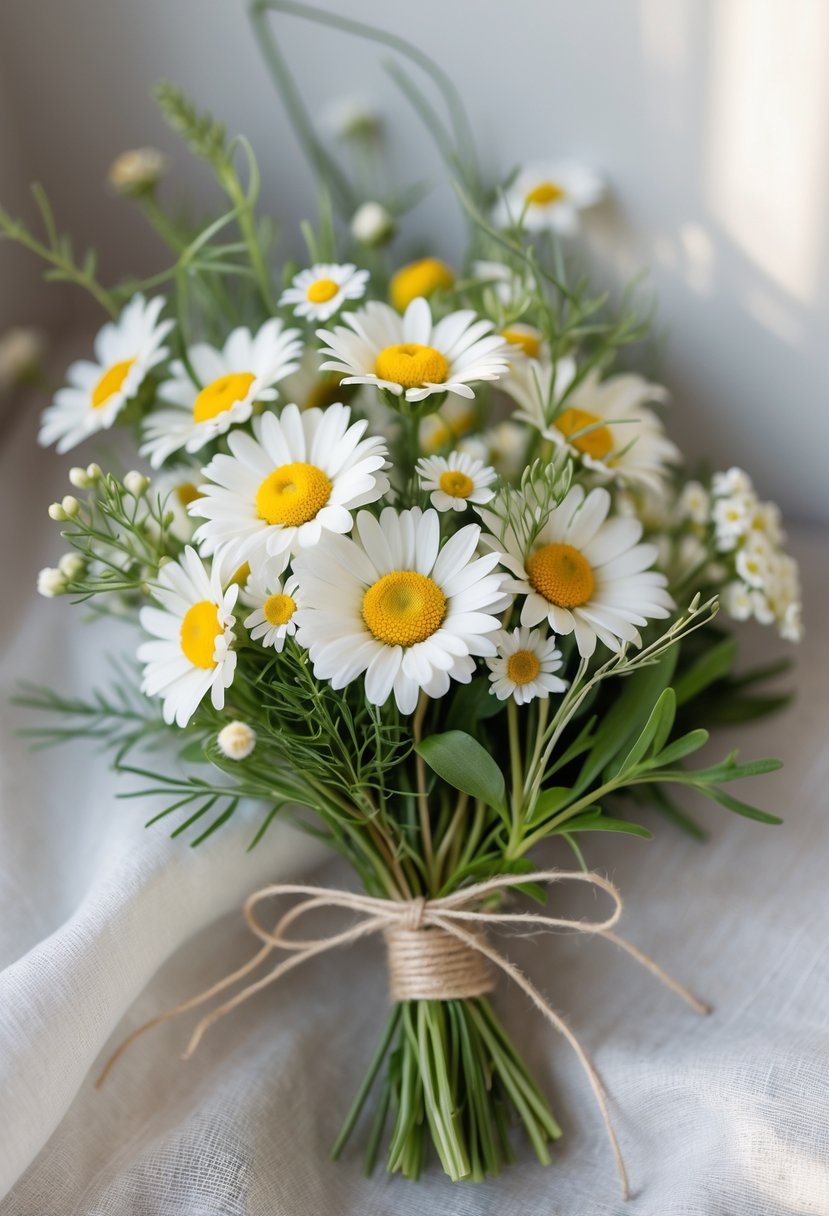 A small wedding bouquet made of daisies and chamomile flowers with green leaves, tied with twine and placed on a neutral background.