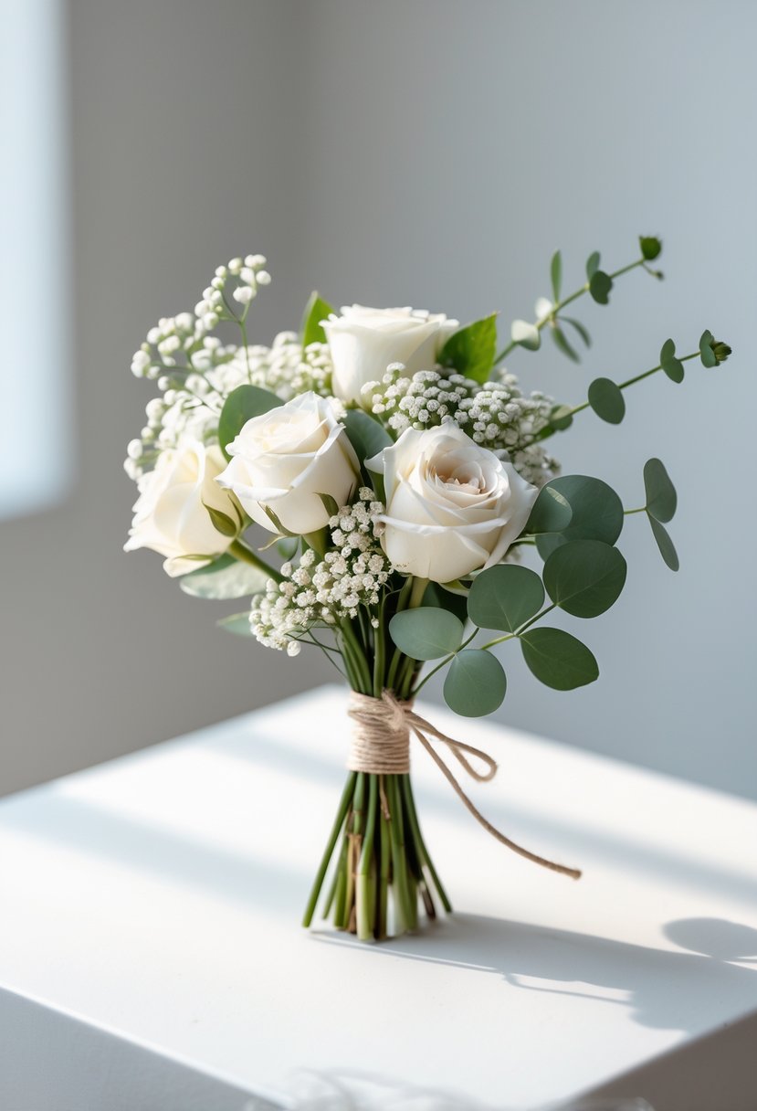 A small wedding bouquet with white roses, baby’s breath, and eucalyptus leaves tied with a ribbon on a white surface.