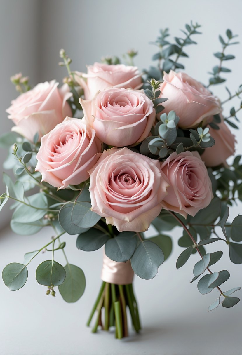 A small wedding bouquet of blush pink garden roses and eucalyptus leaves on a neutral background.