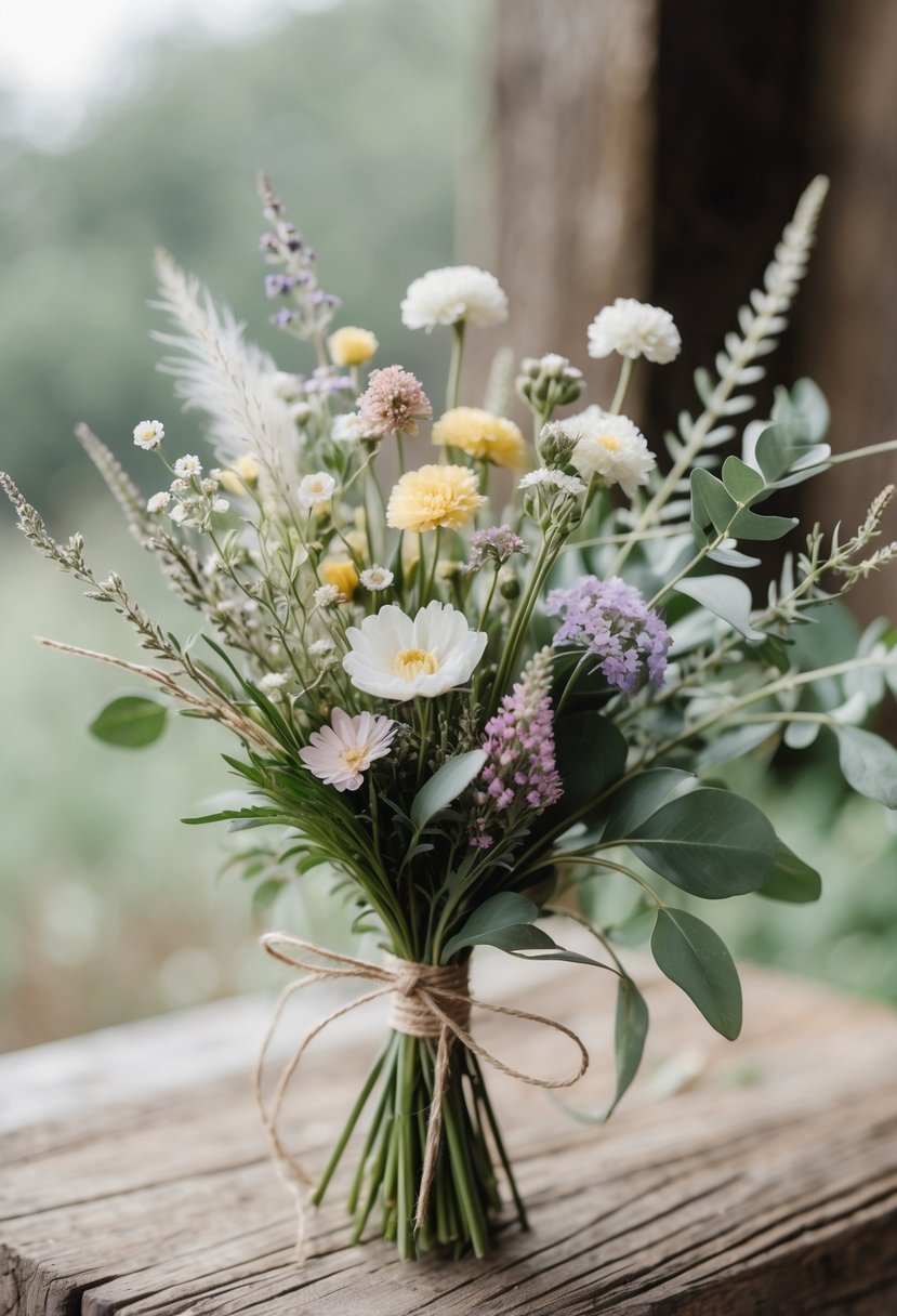 A small bouquet of wildflowers with greenery tied together resting on a wooden surface.