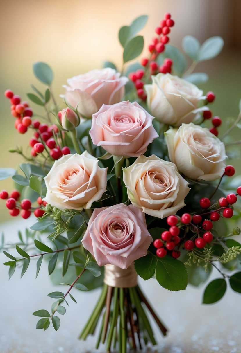 A close-up of a small wedding bouquet with mini garden roses and red Hypericum berries surrounded by green leaves.