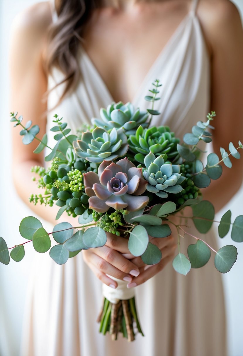 A small wedding bouquet made of mini succulents and eucalyptus leaves held by a person against a blurred background.