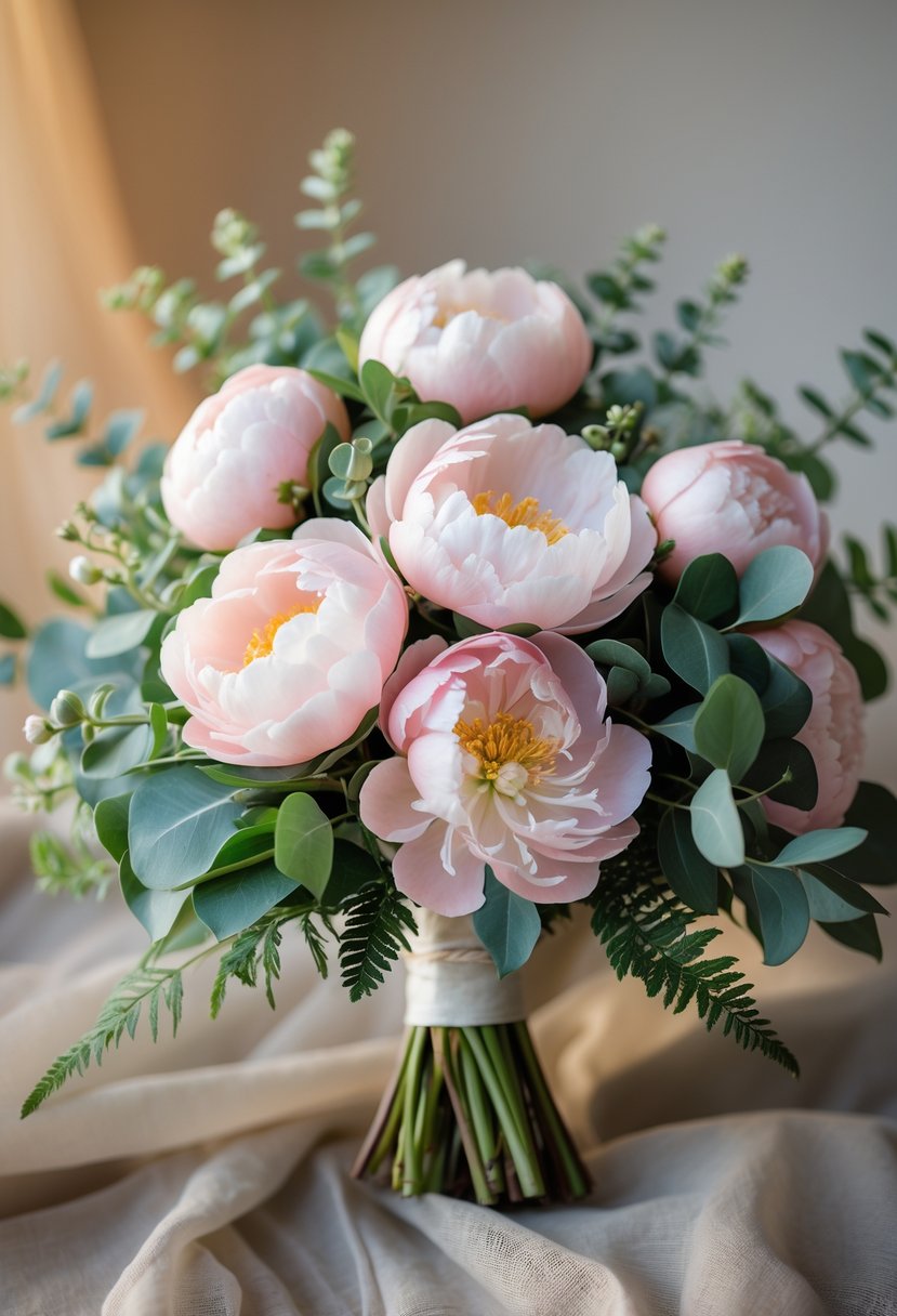 A small bouquet of soft pink peonies with green leaves.