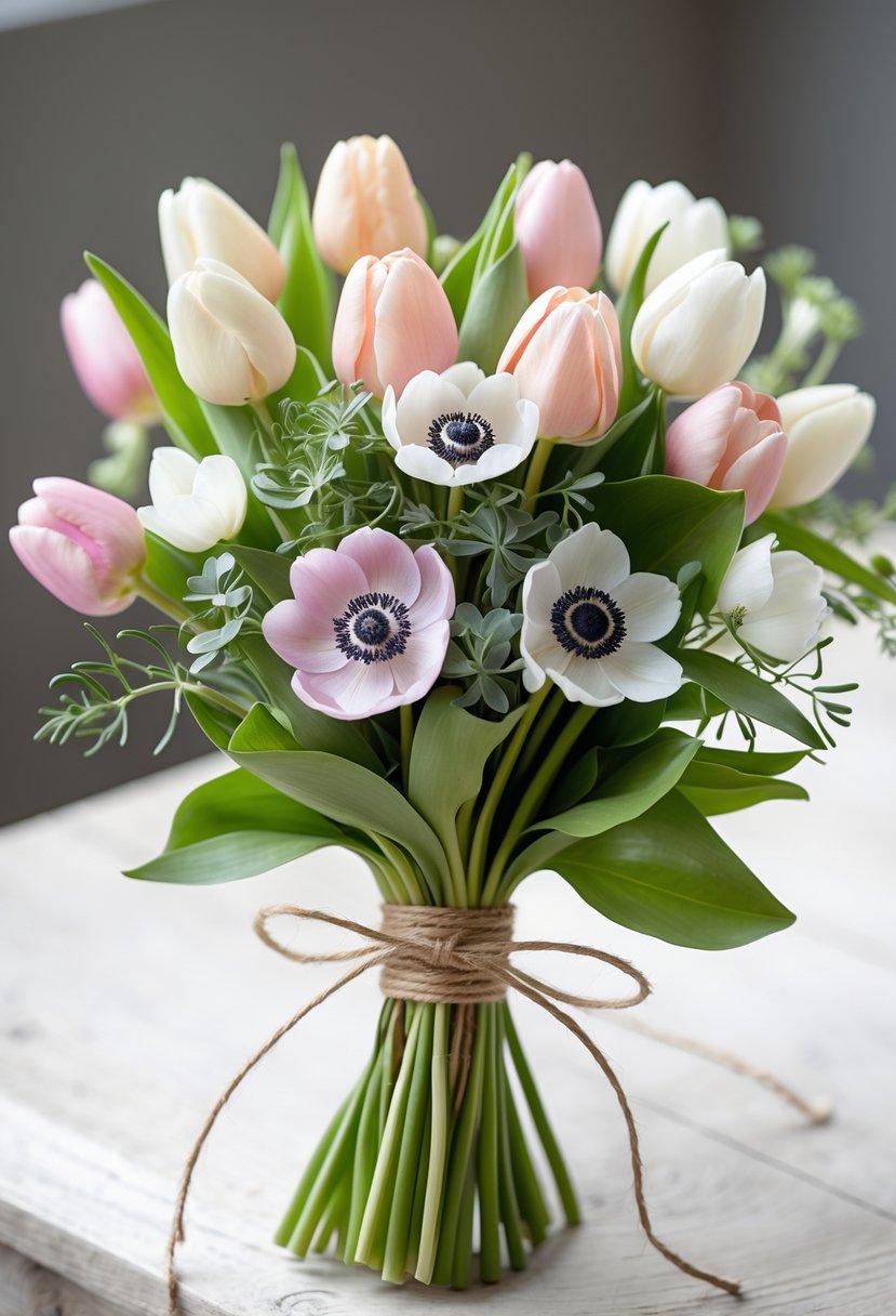A small wedding bouquet with pink and white tulips and white and purple anemones tied with twine on a wooden surface.