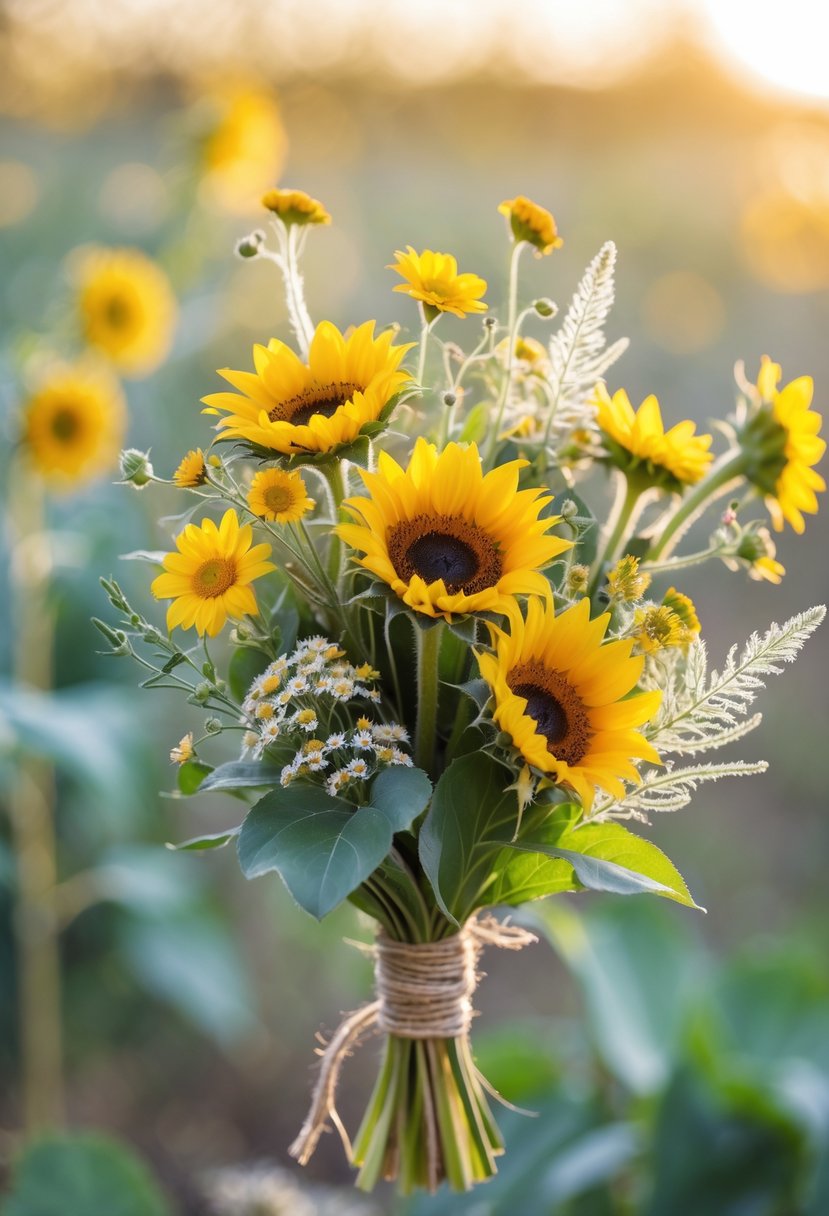 A small bouquet of bright yellow sunflowers and wildflowers tied with twine against a softly blurred background.