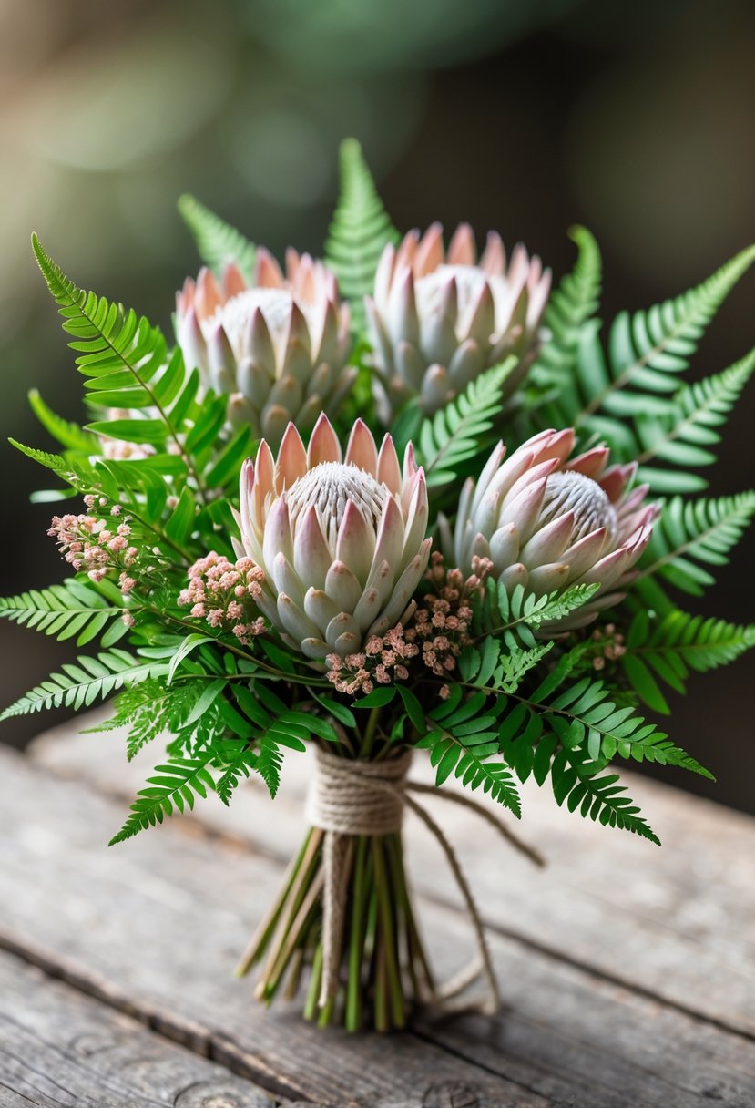 A small wedding bouquet with mini protea flowers and green fern leaves arranged on a wooden surface.