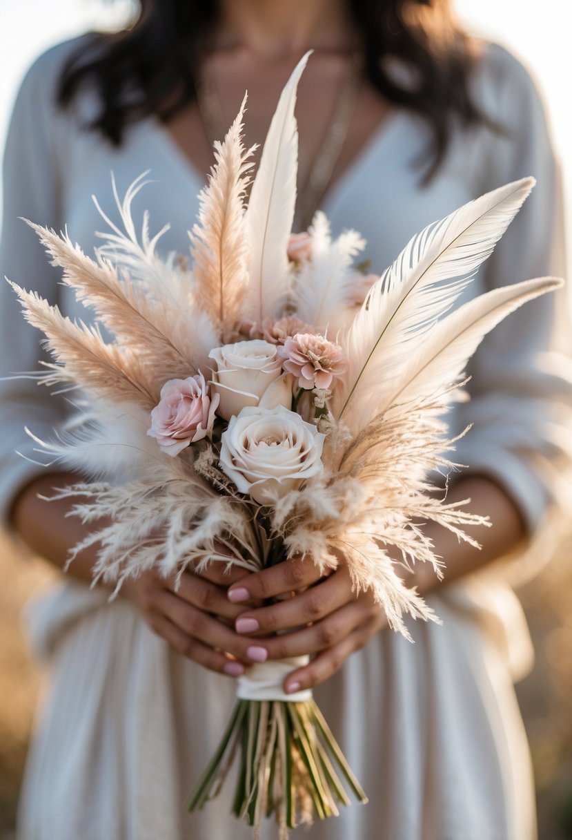 A small wedding bouquet made of pampas grass and feathers held by a person, with a softly blurred background.