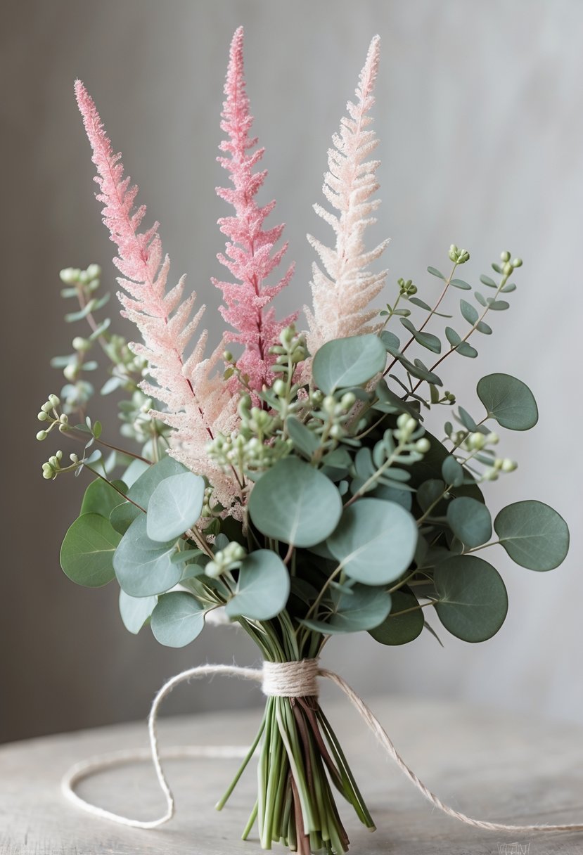 A small wedding bouquet with pink and white Astilbe flowers and round silver-green eucalyptus leaves against a neutral blurred background.