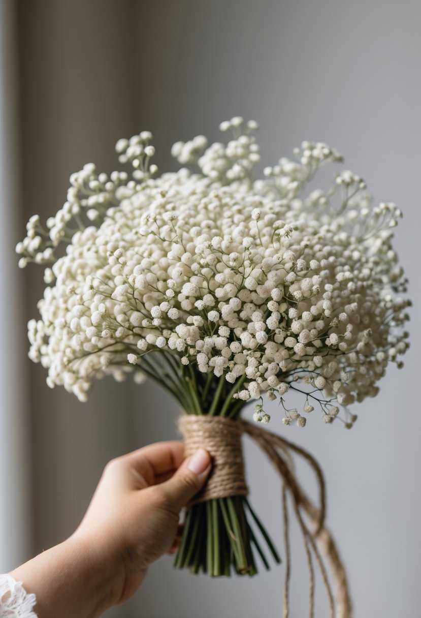A small bouquet of white baby's breath flowers held in one hand against a soft, neutral background.