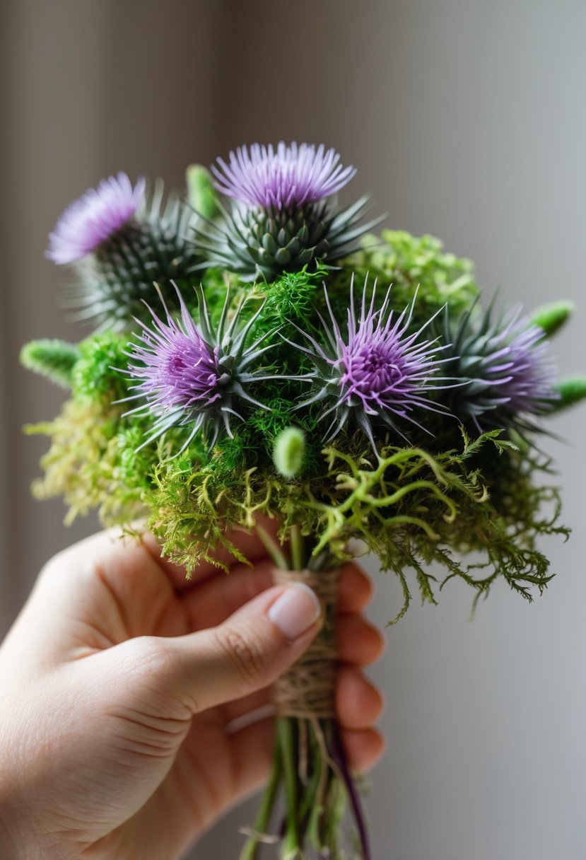 A small wedding bouquet composed of purple thistle flowers and green moss held against a blurred neutral background.