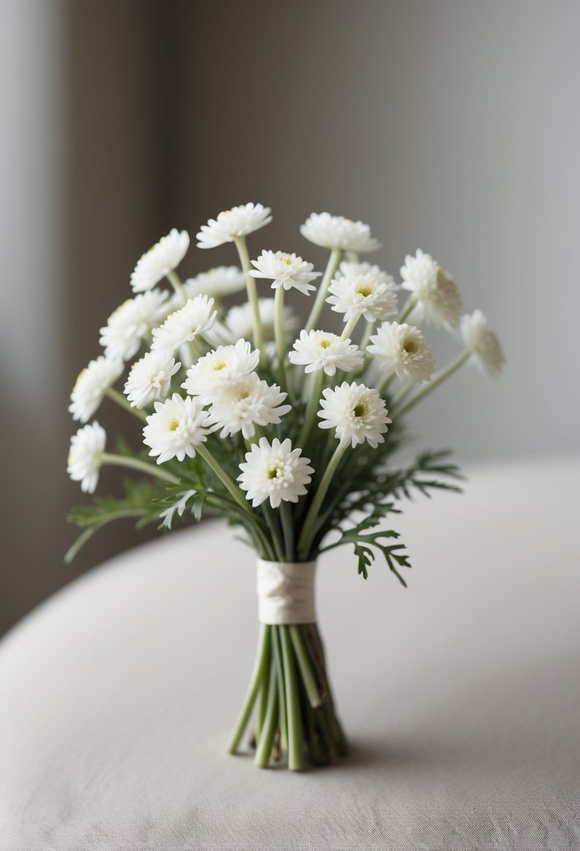A small bouquet of tiny white chrysanthemum flowers resting on a neutral surface.