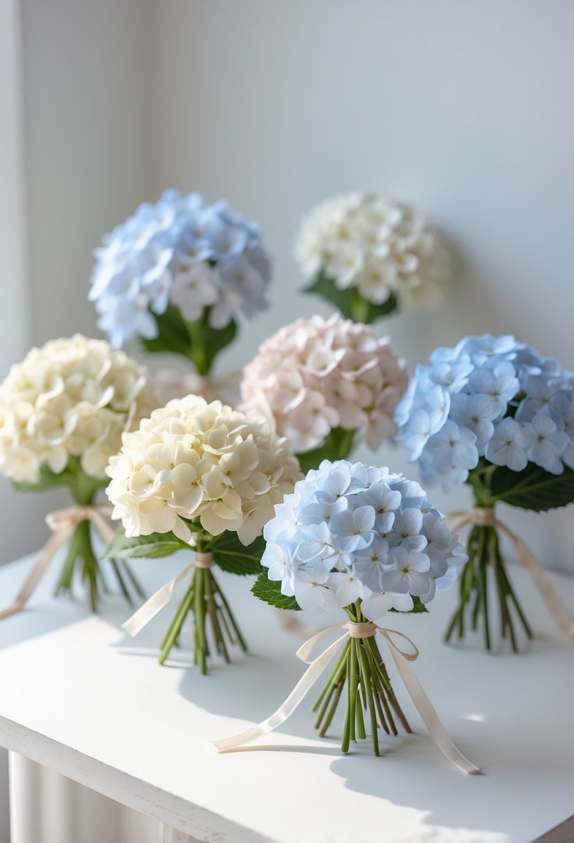 Several small hydrangea bouquets with pastel flowers arranged on a white surface.