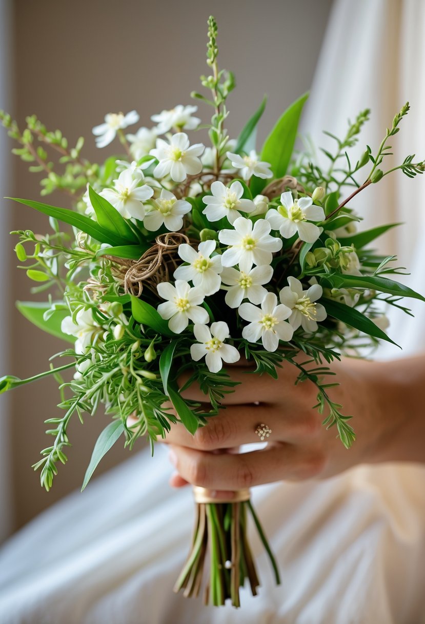 A small wedding bouquet of white jasmine flowers and green leaves held in a hand against a soft blurred background.