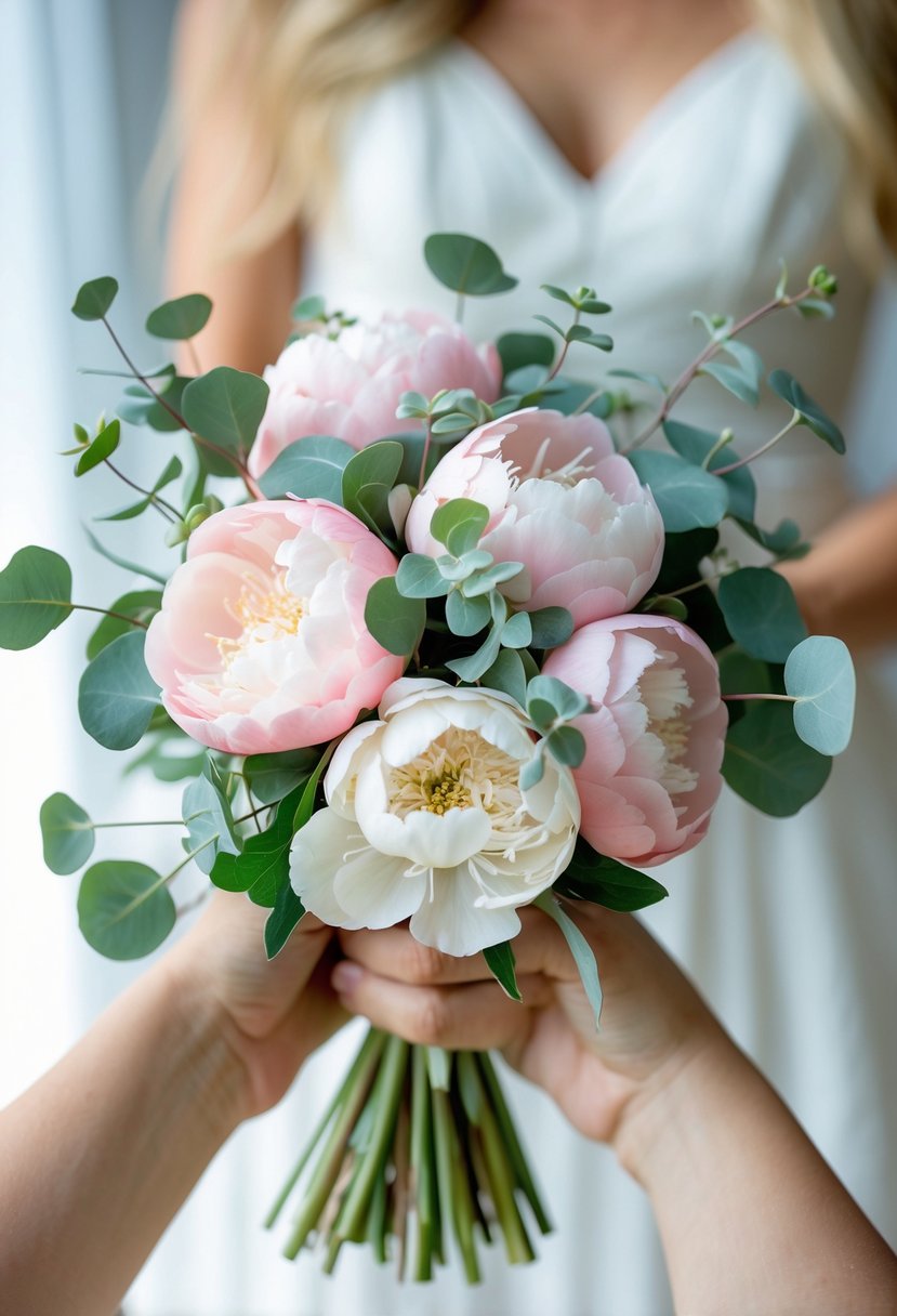 A small bouquet of pink and white peonies with eucalyptus leaves against a softly blurred background.