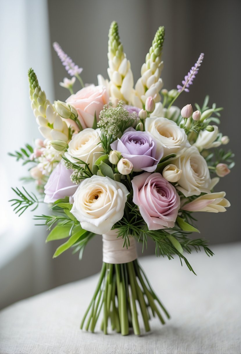 A small bouquet of freesia and wax flowers with green leaves on a light surface.