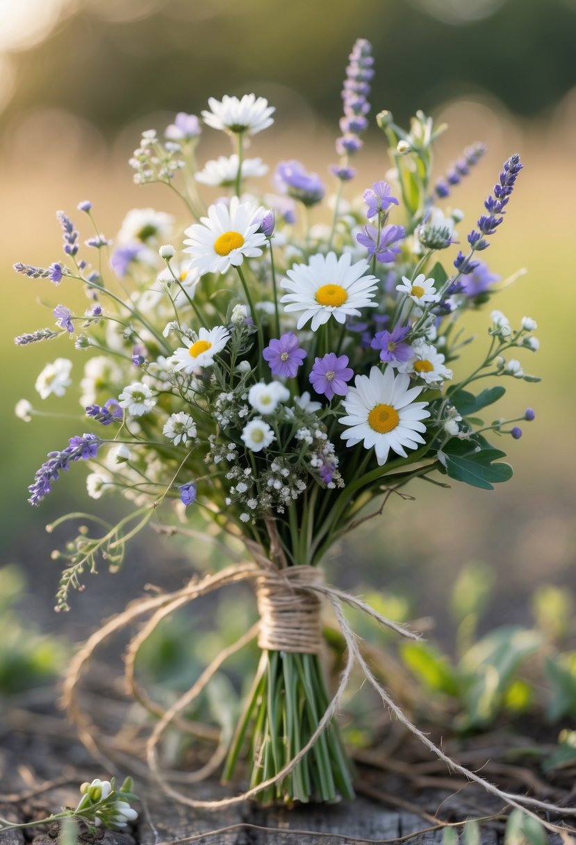 A small wedding bouquet made of daisy chains and tiny wildflowers loosely wrapped with natural twine.
