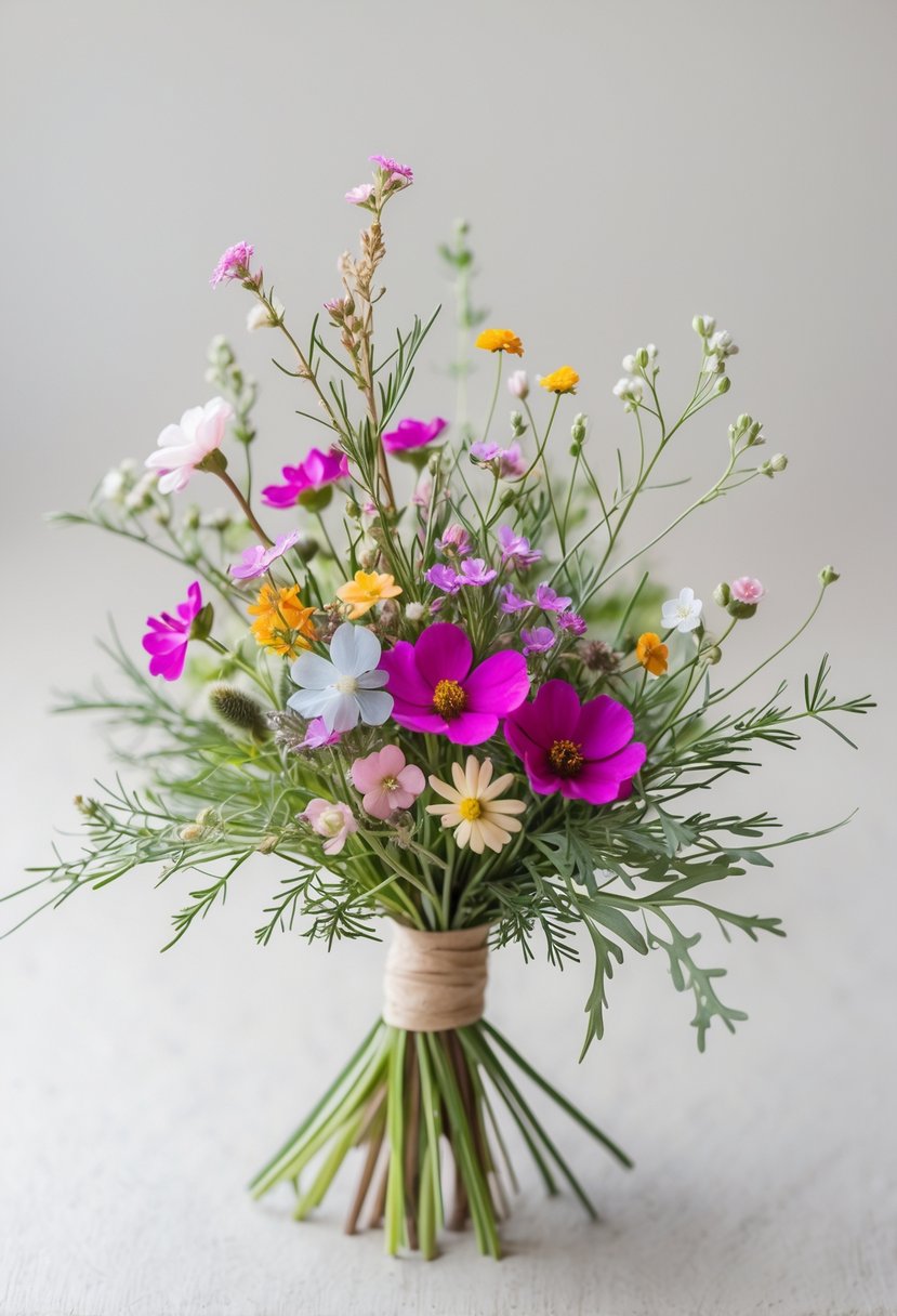 A small cluster of wildflowers with bright magenta and pastel colors arranged in a delicate mini wedding bouquet.