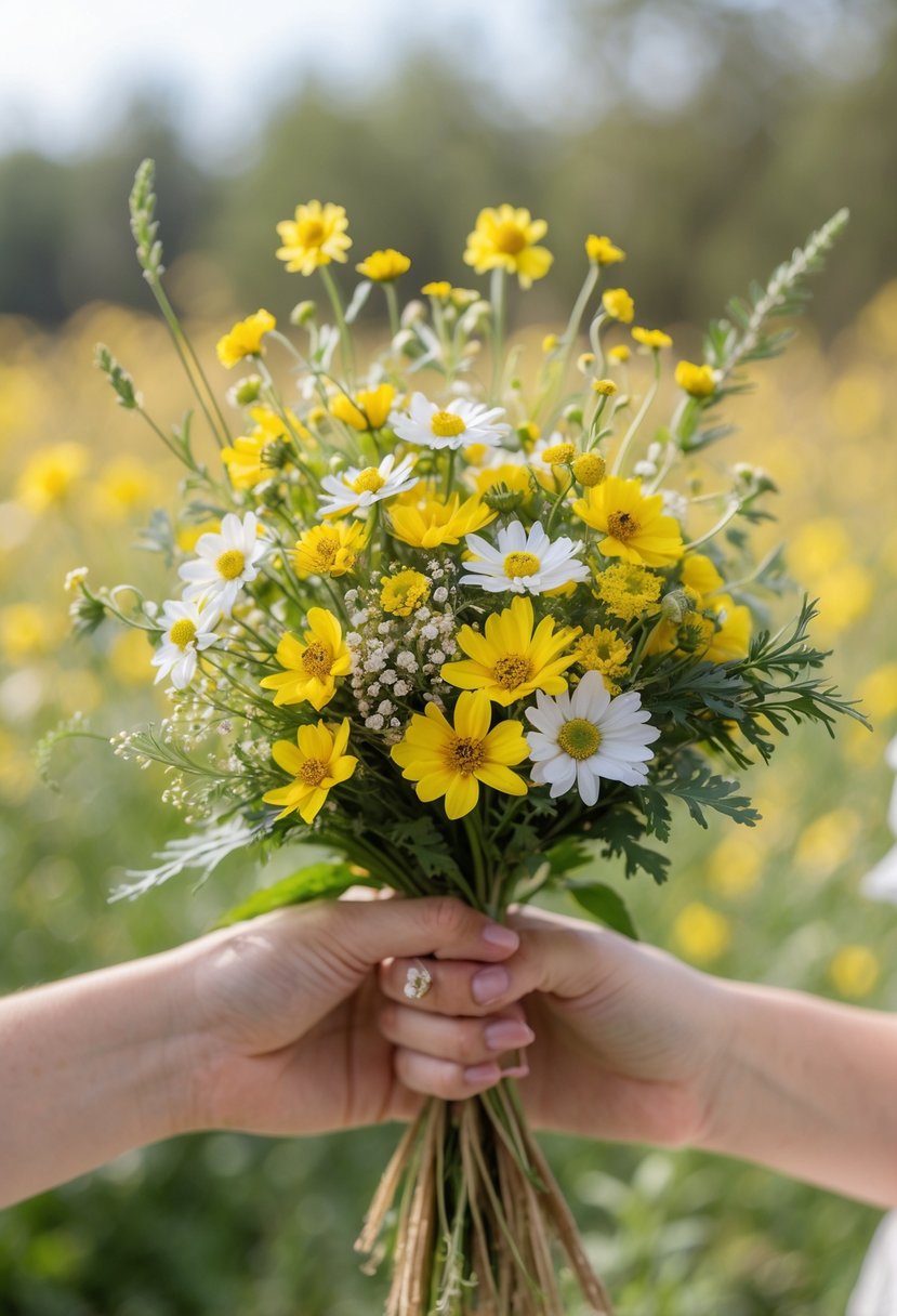 A small bouquet of yellow wildflowers held outdoors with green leaves and a blurred natural background.
