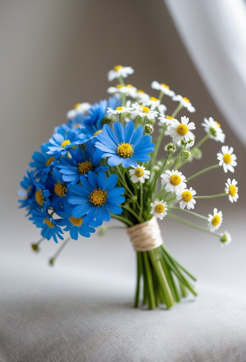 A small bouquet of blue cornflowers and white chamomile flowers with yellow centers on a neutral background.