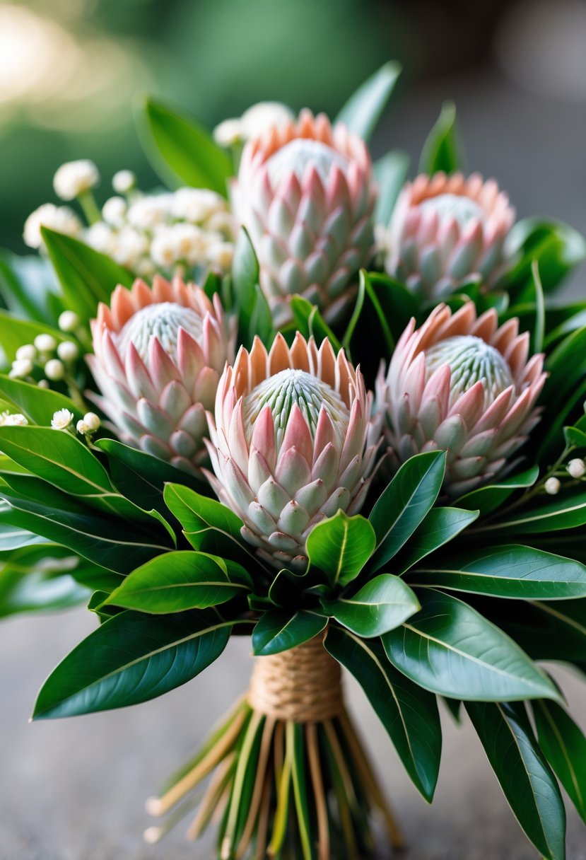 A small wedding bouquet with pink and cream Protea flowers and green leaves on a softly blurred background.