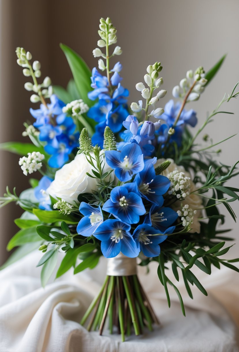 A small wedding bouquet with blue delphinium, white spray flowers, and green leaves.