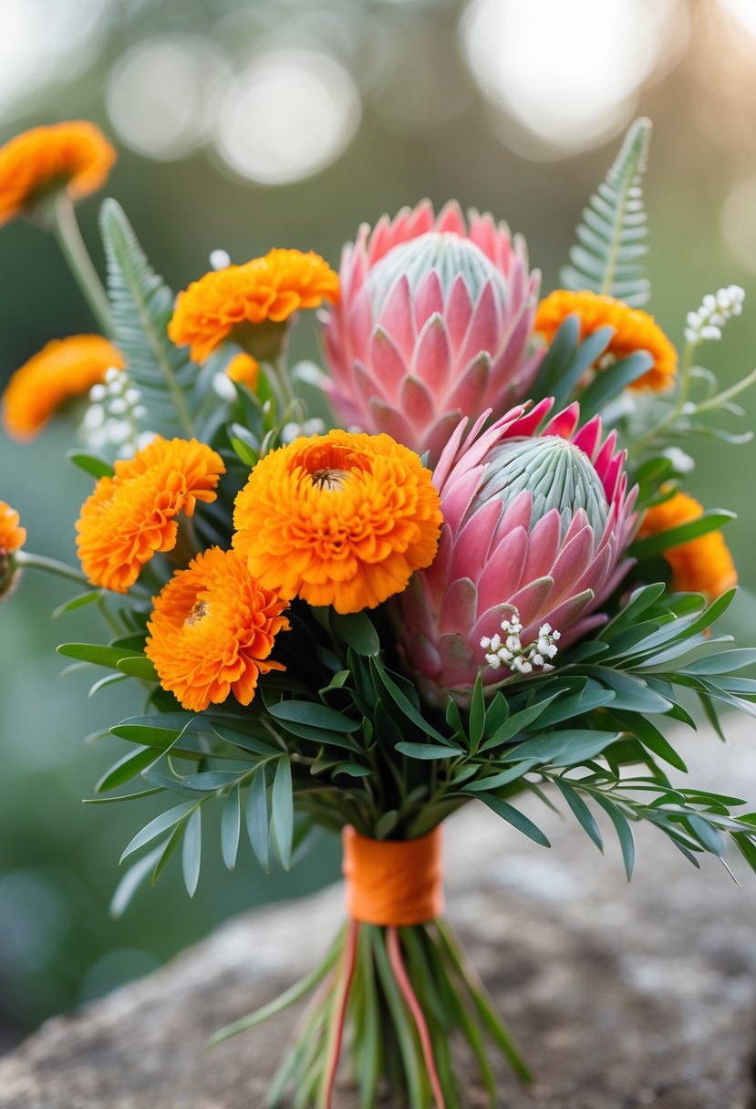 A small bouquet of orange marigolds and pink protea flowers with green leaves.