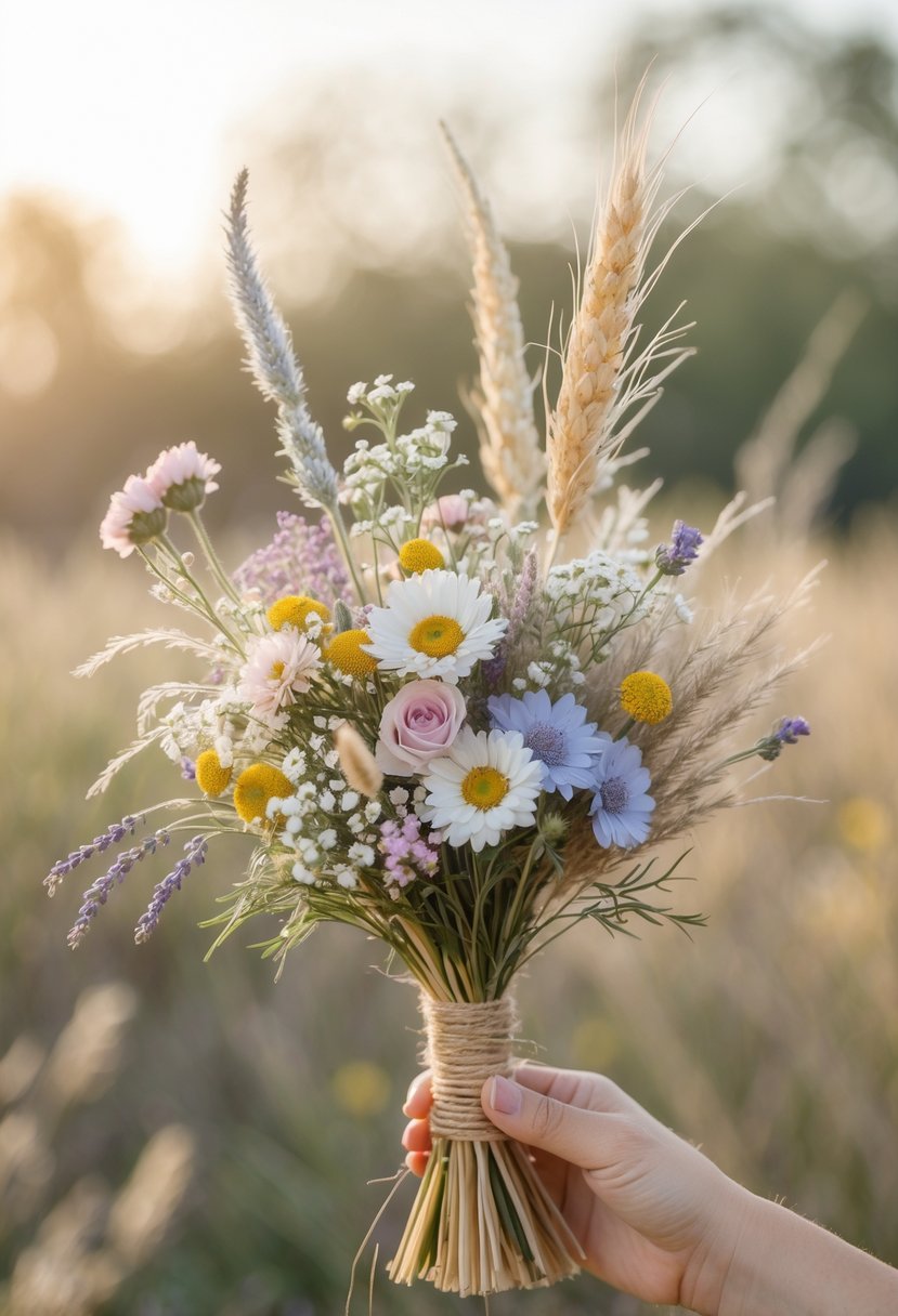 A small wedding bouquet made of wildflowers and dried grasses tied with natural twine, held against a blurred outdoor background.