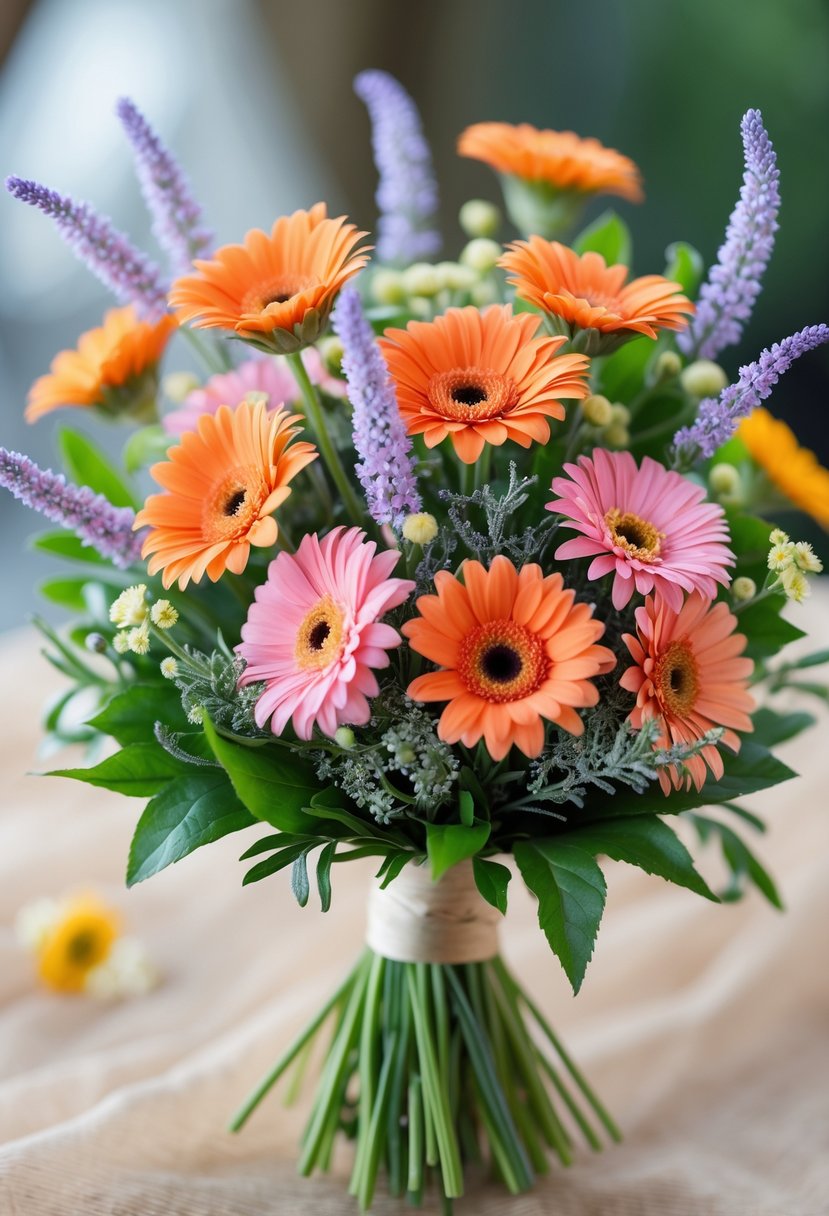 A small wedding bouquet with bright gerbera daisies and lavender sprigs against a blurred background.