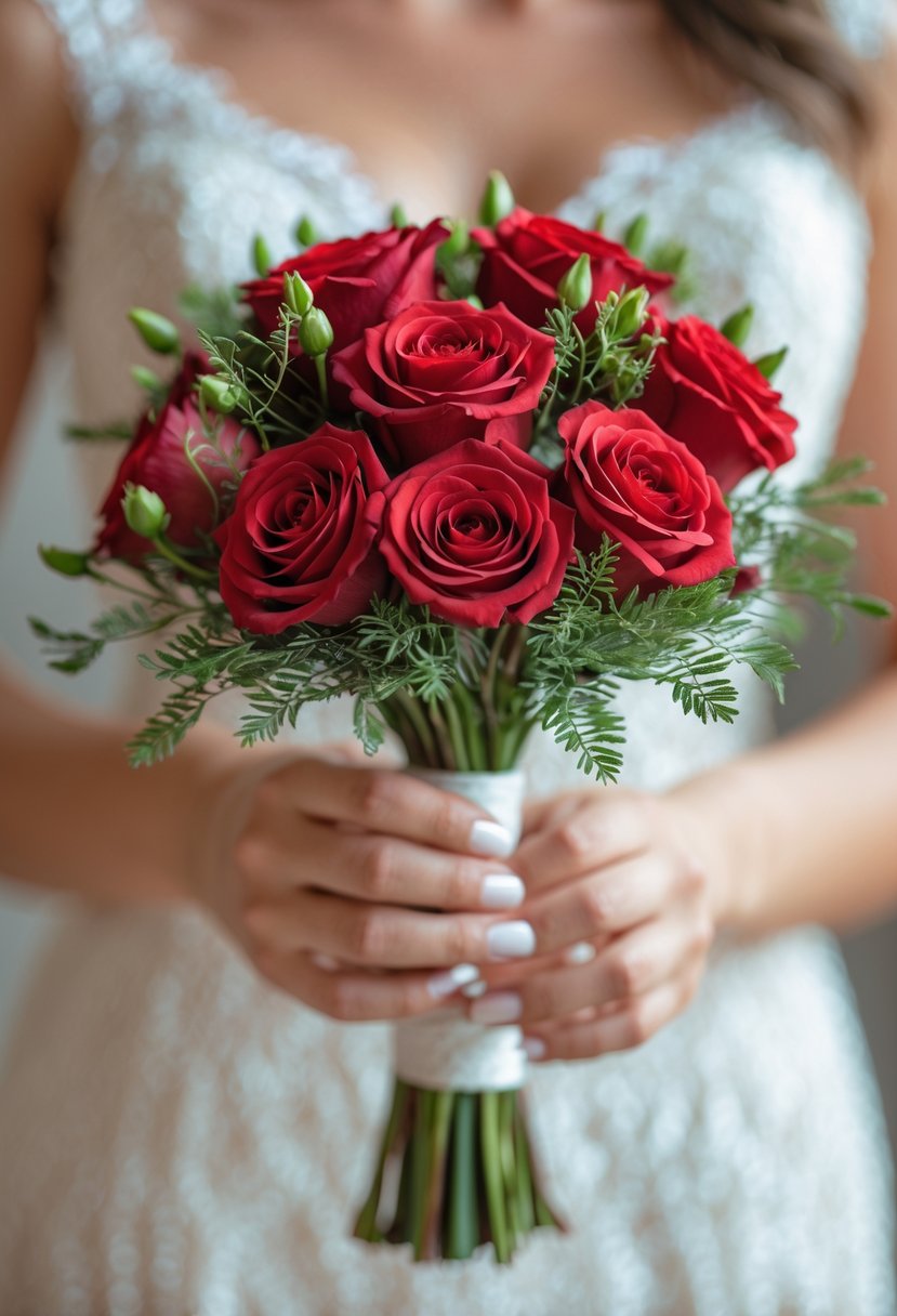 A small bridal bouquet of red roses with green leaves held by a bride in a white dress.