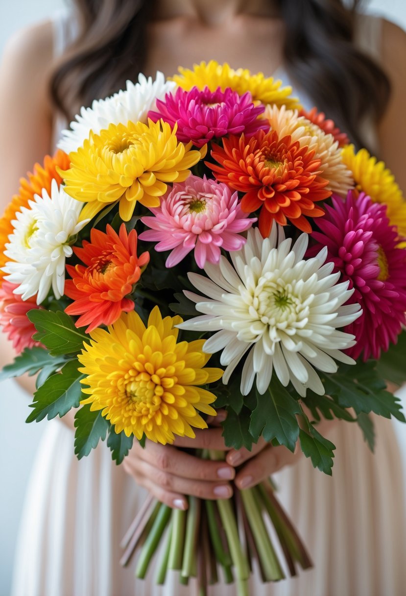 A colorful mini wedding bouquet of multicolored chrysanthemums held against a soft neutral background.