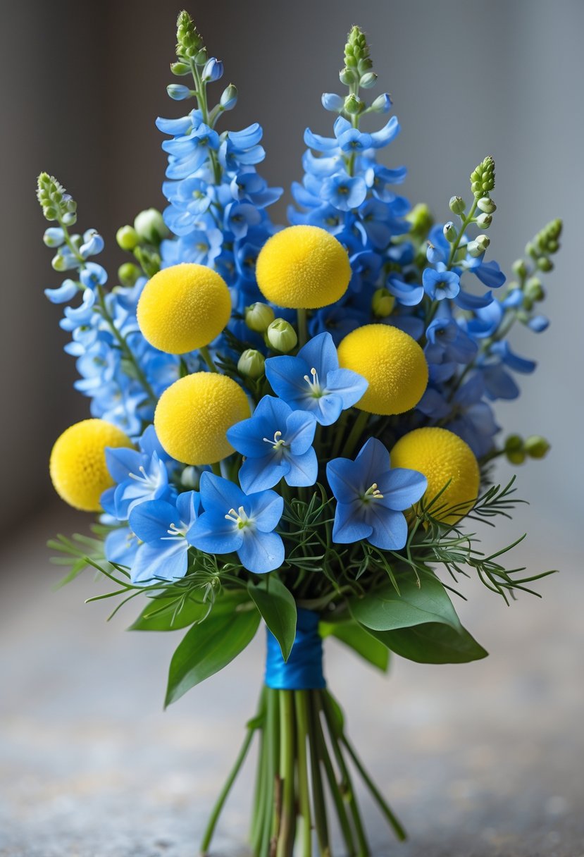 A small bouquet featuring blue delphinium flowers and yellow billy balls with green leaves.