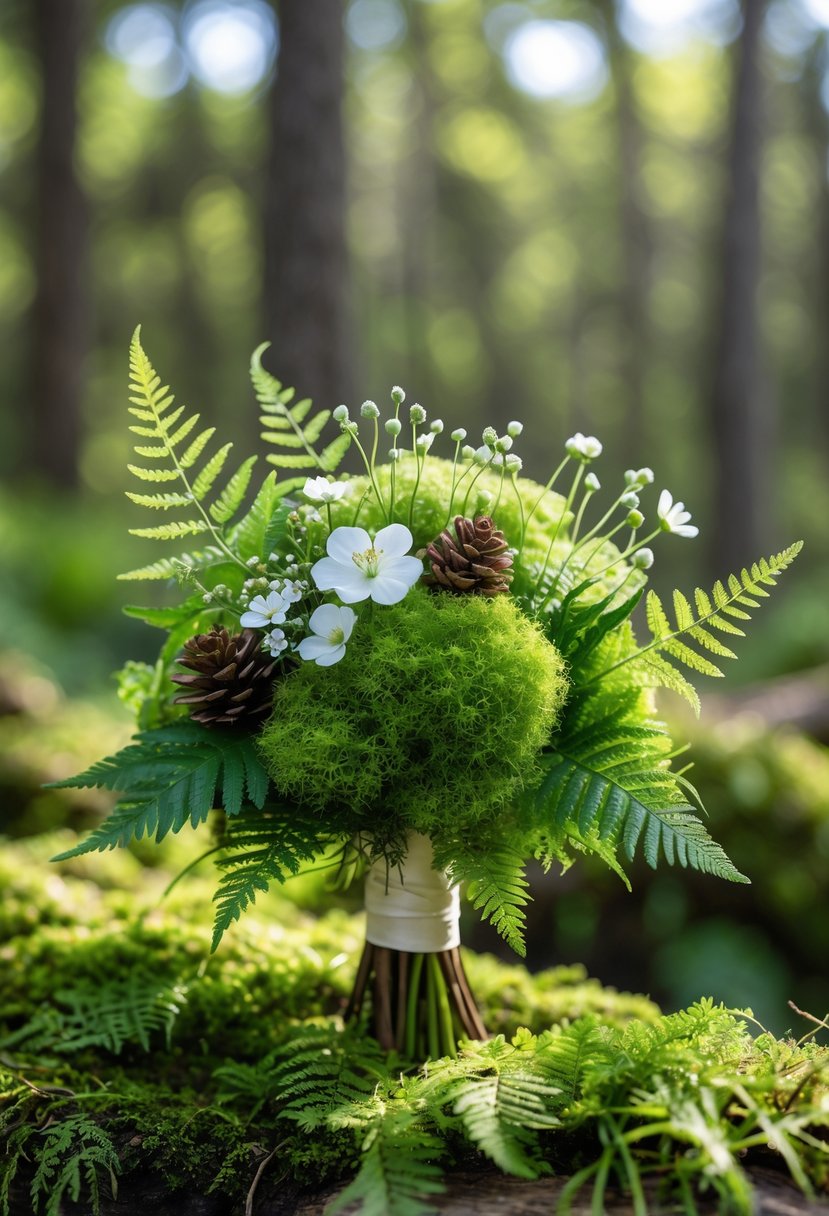 A small wedding bouquet made of moss, ferns, and small white flowers resting against a blurred forest background.