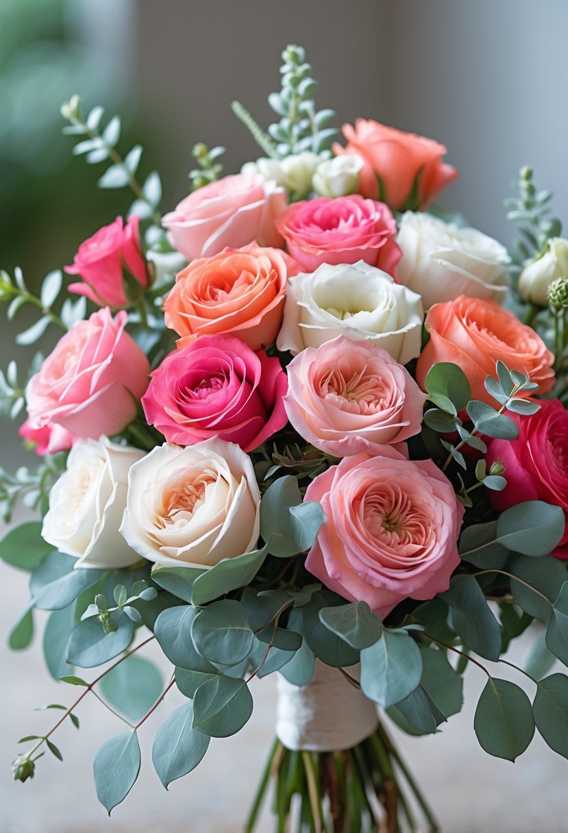 A compact bouquet of bright garden roses and eucalyptus leaves.