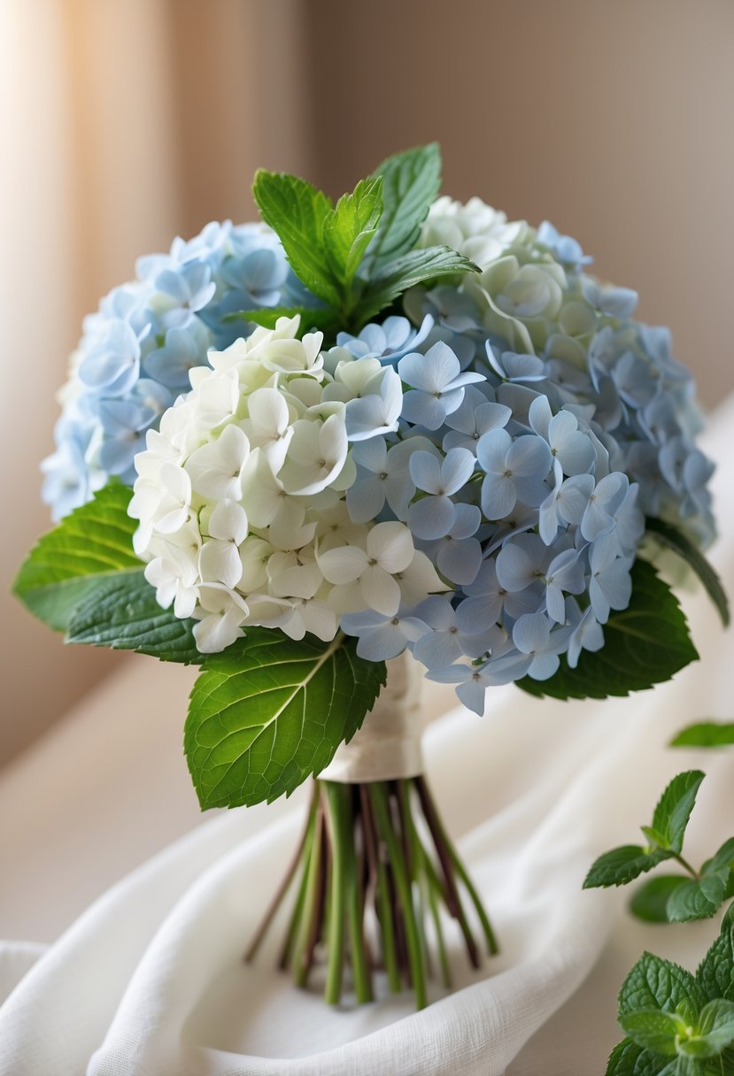 A small wedding bouquet with blue and white hydrangea flowers and green mint leaves.