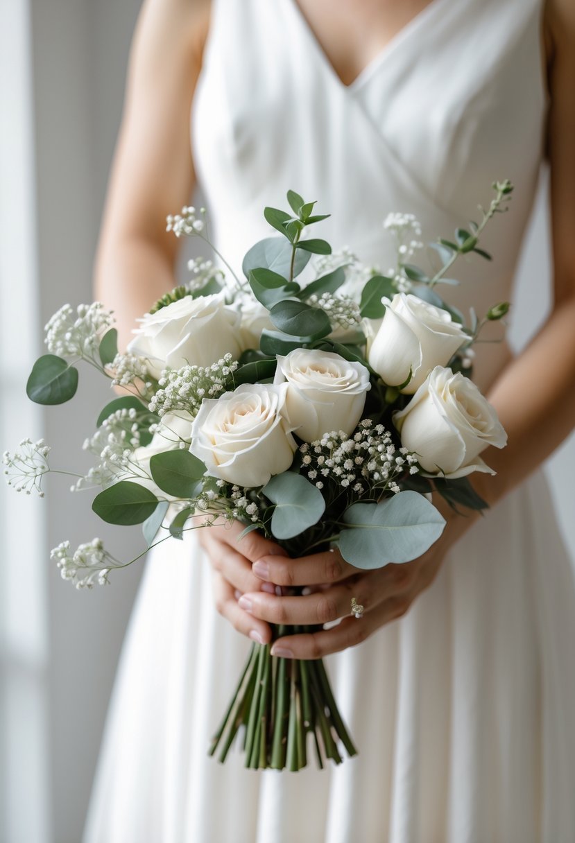 A small wedding bouquet with white roses and greenery held by a bride in a white dress against a blurred neutral background.