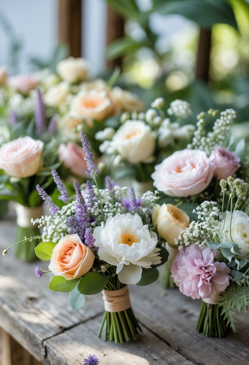 Several small wedding bouquets with colorful flowers and greenery arranged on a wooden surface with a blurred garden background.