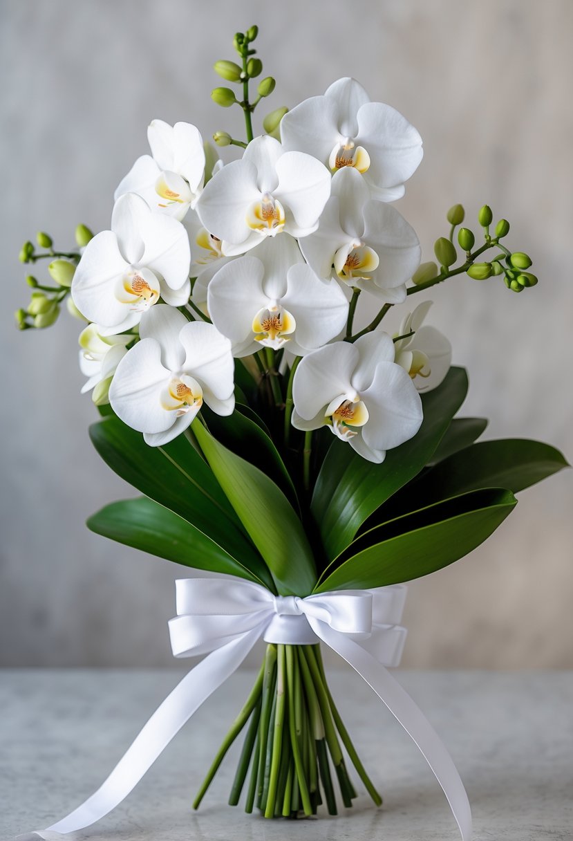 A small bouquet of white orchids with green leaves wrapped in white ribbon on a neutral background.