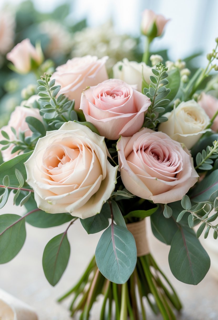 A small wedding bouquet with garden roses and eucalyptus leaves.