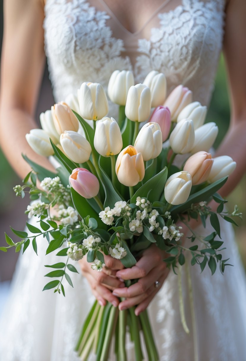 A small wedding bouquet of white and pale pink tulips with green myrtle leaves held by a bride in a white dress.