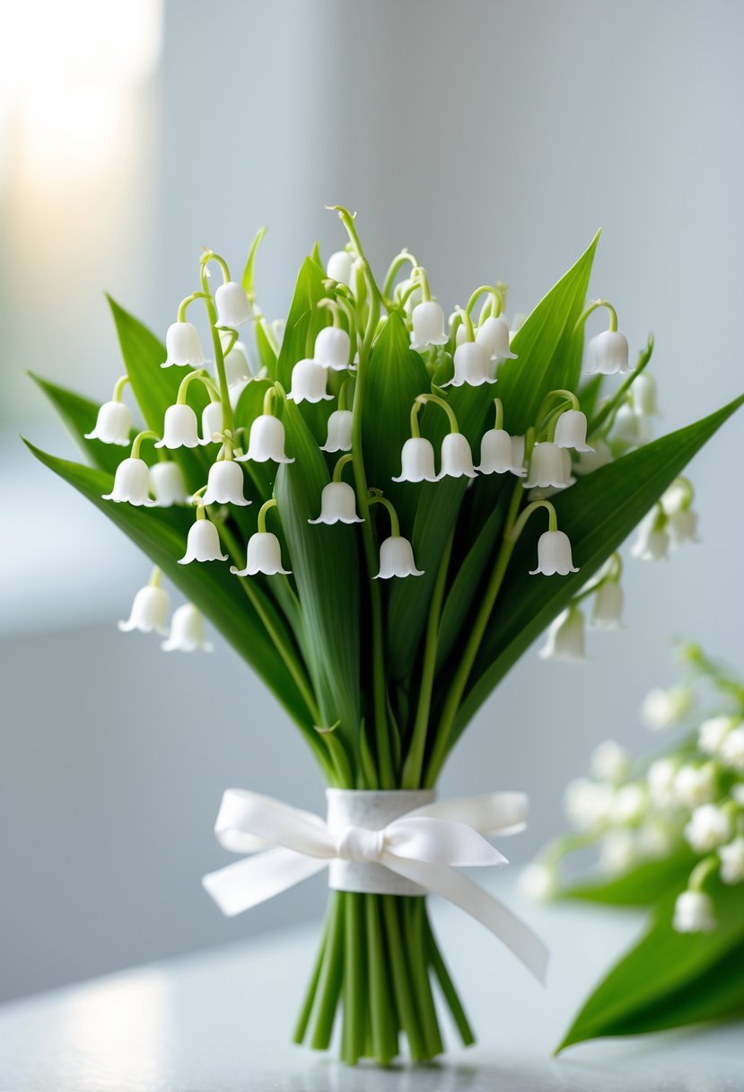 A small bouquet of white Lily of the Valley flowers with green leaves wrapped in white ribbon.