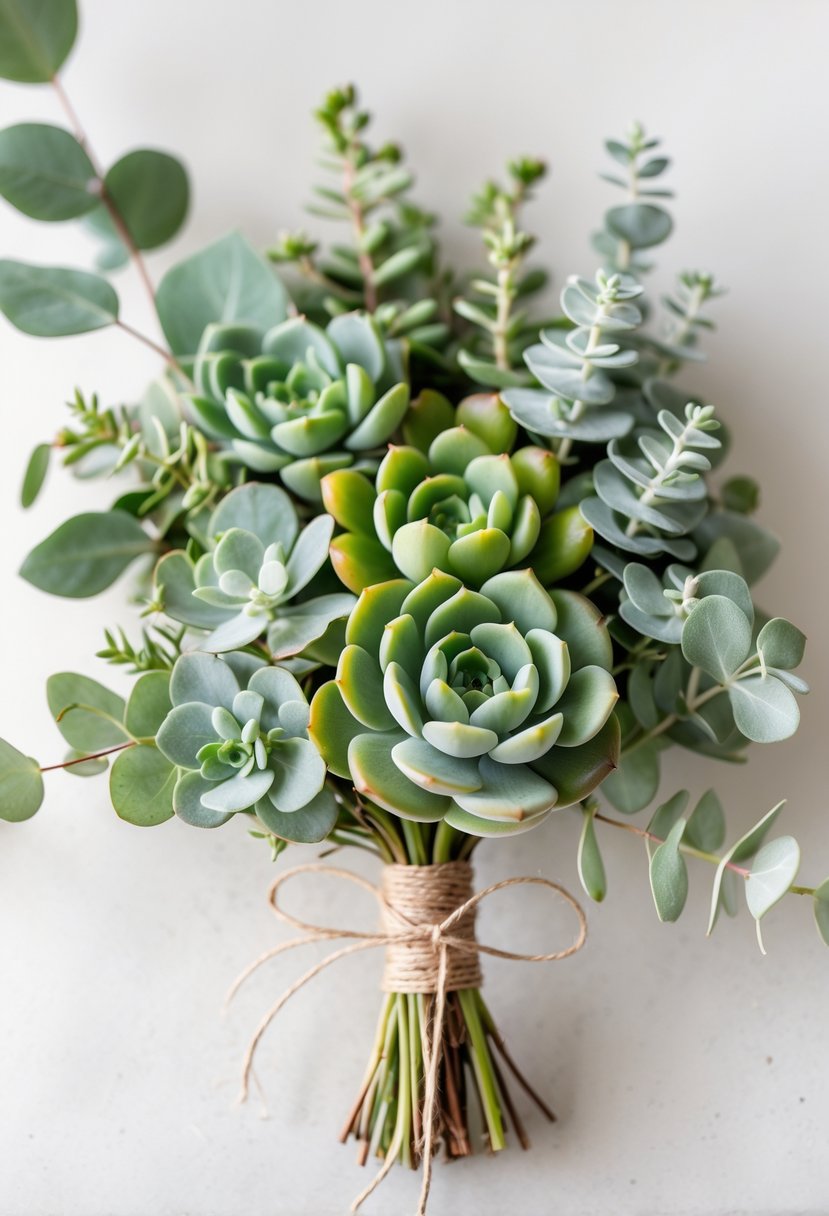 A small wedding bouquet made of succulents and eucalyptus leaves on a plain background.