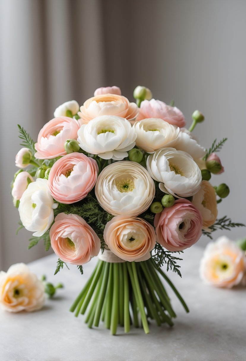 A compact cluster of ranunculus flowers in soft pastel colors arranged as a small wedding bouquet with green leaves.