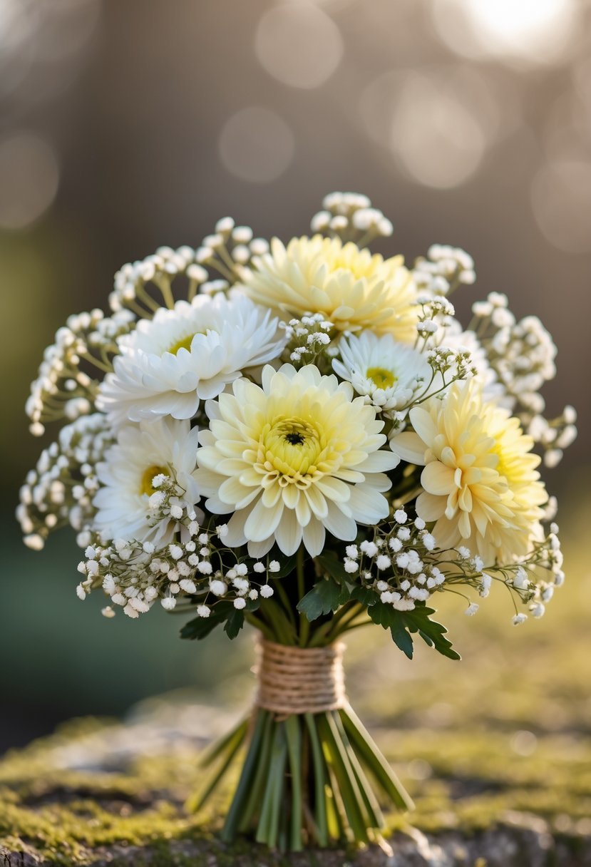 A small wedding bouquet of mini chrysanthemums and baby's breath flowers held together with twine.
