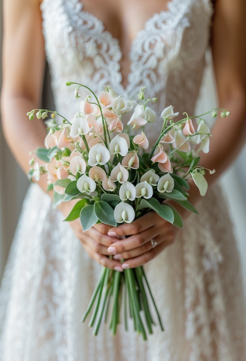 A small wedding bouquet of pale pink and white sweet pea flowers held by a bride in a white dress.