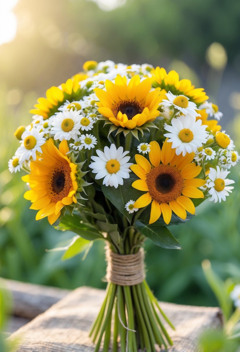 Compact bouquet of mini sunflowers and chamomile flowers against a blurred natural background.