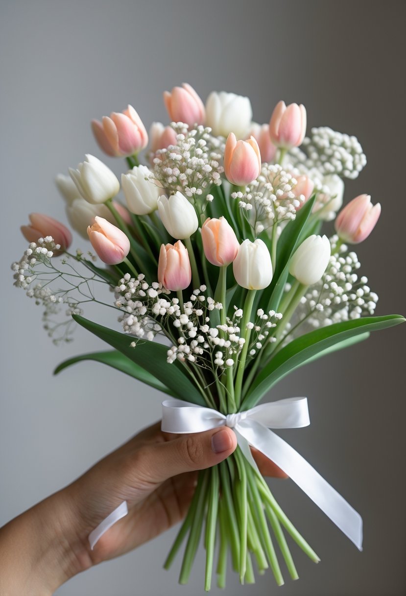 A small wedding bouquet made of tiny pink and white tulips paired with white baby's breath flowers, held against a soft neutral background.