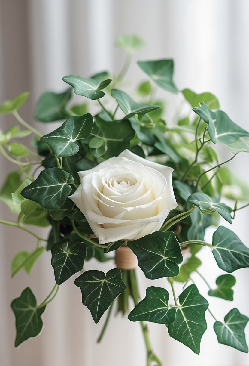 A small wedding bouquet with a single white rose and green ivy leaves.