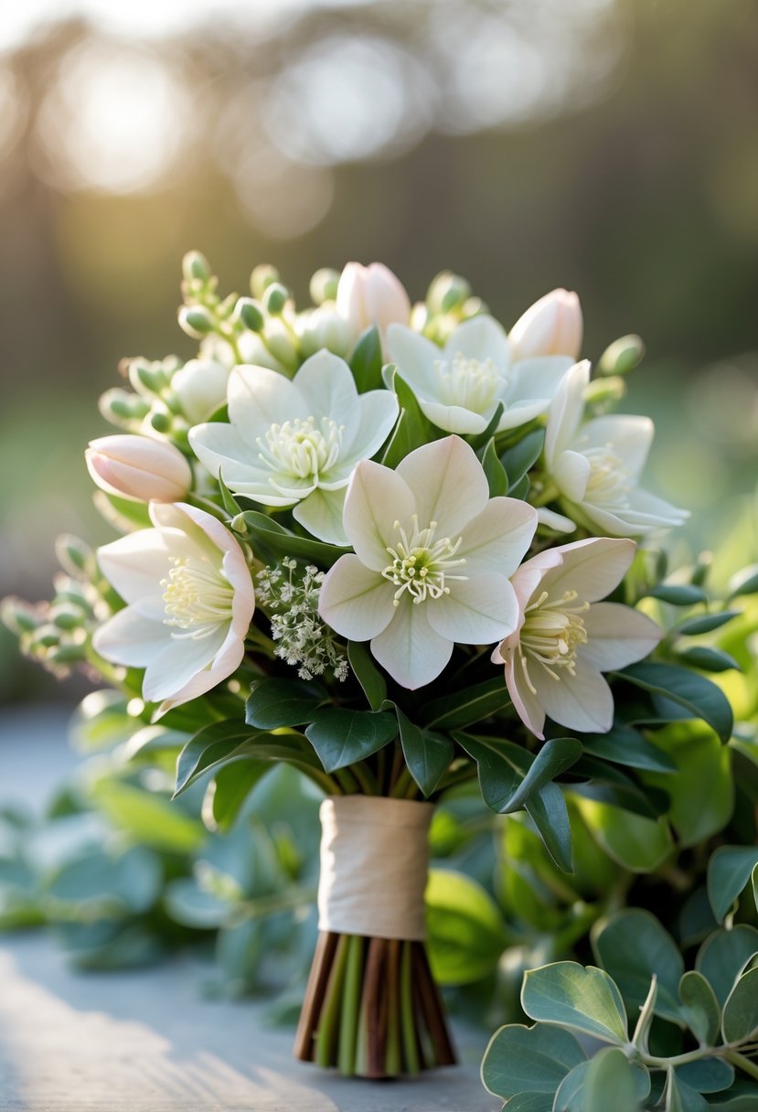 A small wedding bouquet with white and pale pink hellebore flowers and soft green leaves.