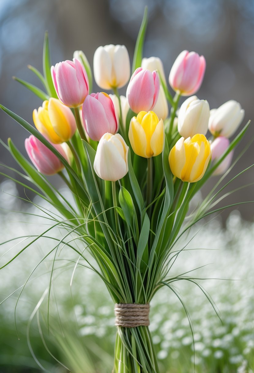 A small bouquet of pink, white, and yellow tulips mixed with thin green grass blades.