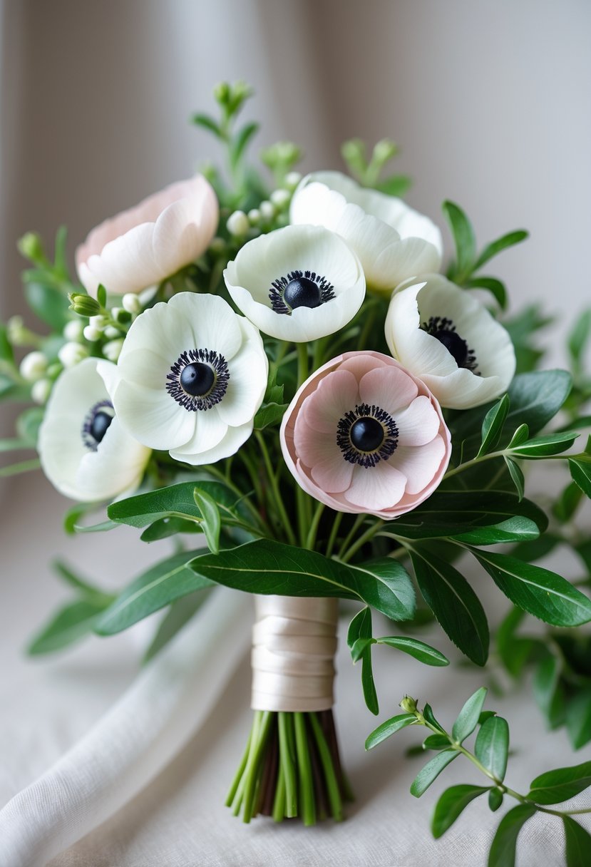 Small wedding bouquet with white and pale pink anemone flowers and green myrtle leaves on a neutral background.